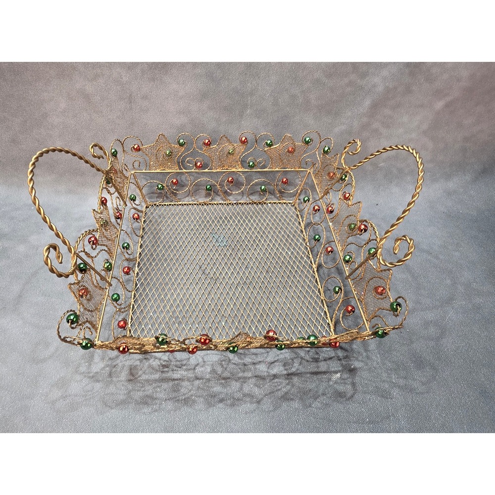 Vintage Gold Wire Mesh Christmas Basket Red Green Beads Holiday Decor